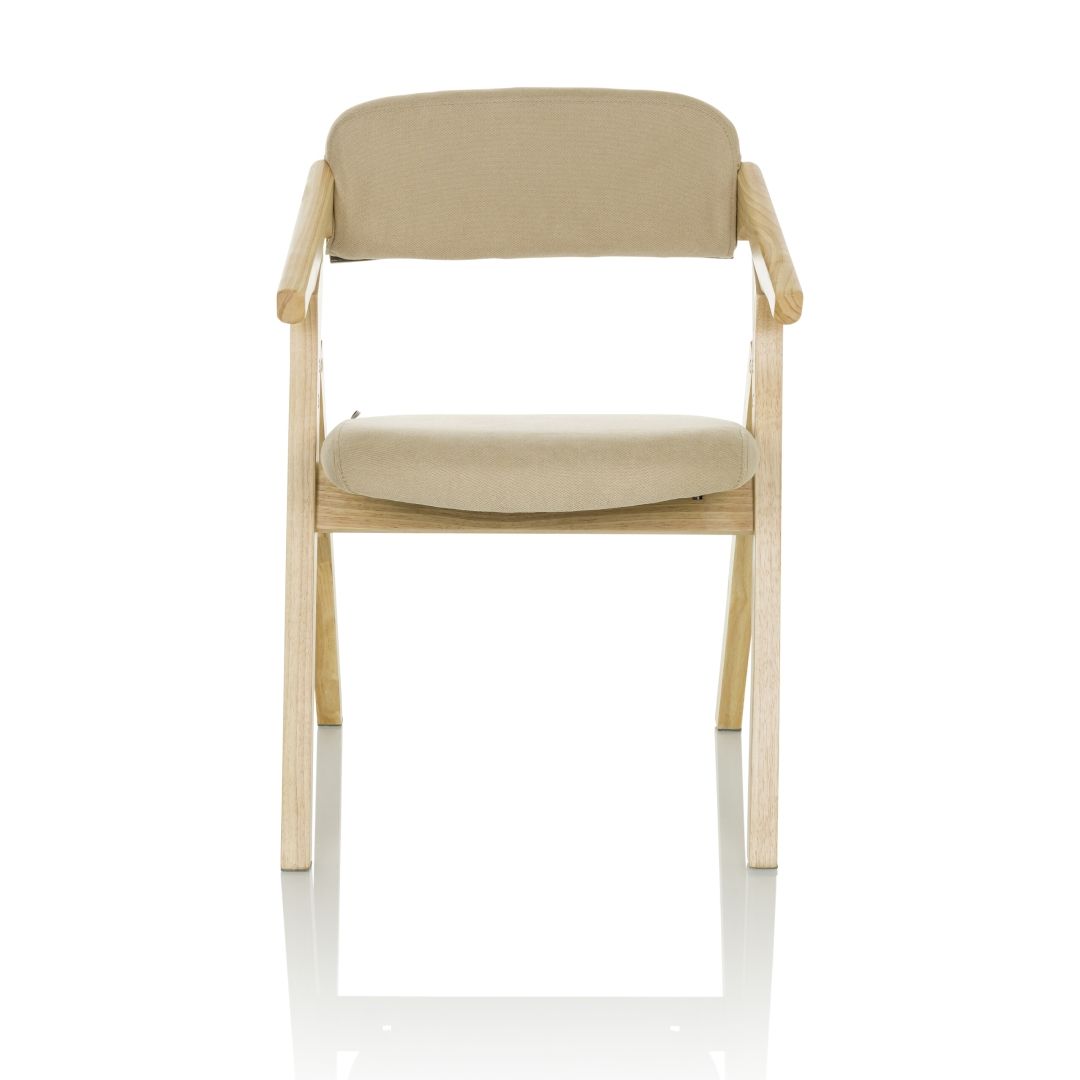 Besucherstuhl mit Holzrahmen und Stoffbezug in Beige