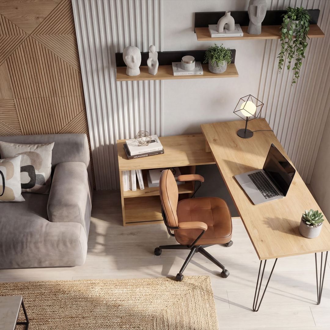 Eckschreibtisch MDF 130 cm L-Form mit Regal - Eiche-Dekor/Schwarz von Wohnling - Produktbild 4 von 6