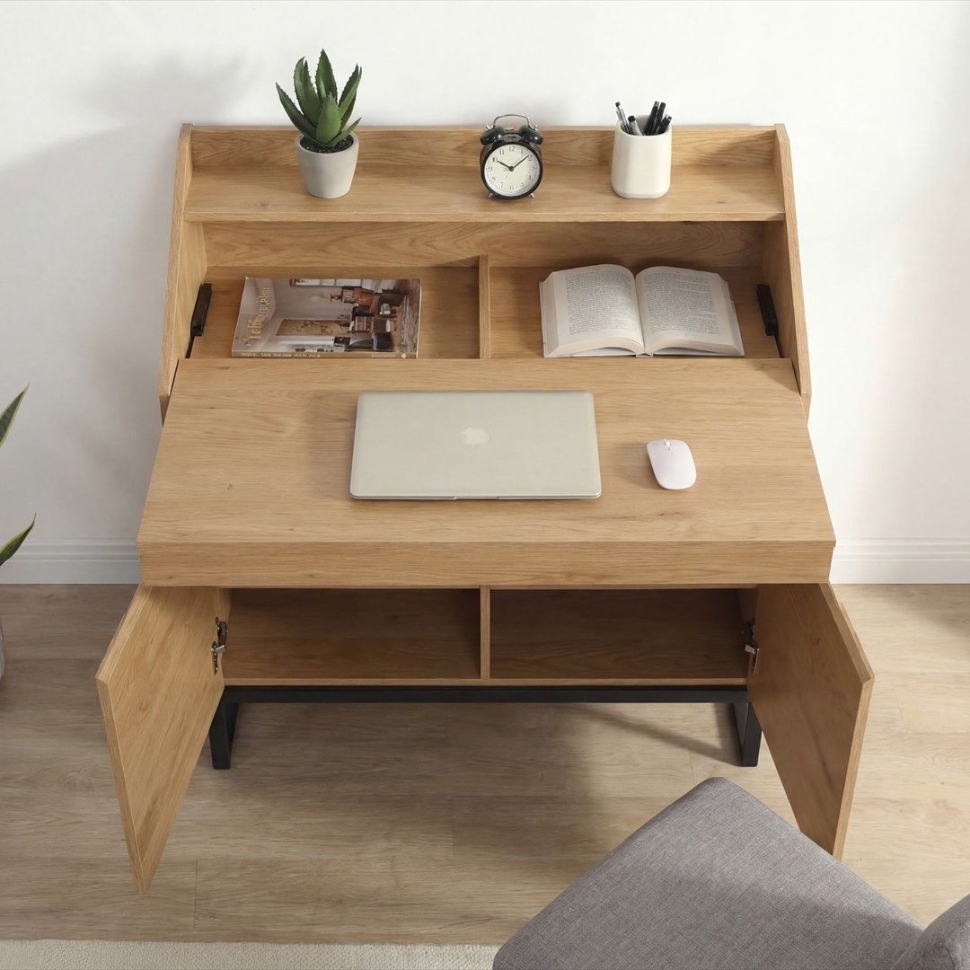 Sekretär MDF 100 cm ausziehbar mit Stauraum - Eiche-Dekor von Wohnling - Produktbild 4 von 6