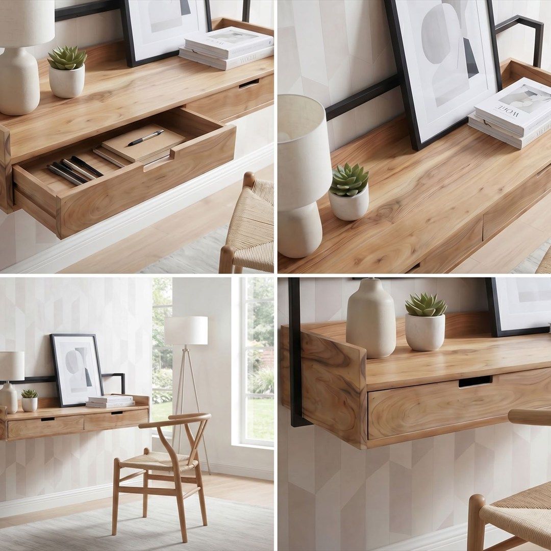 Wandschreibtisch Akazie Massivholz 120 cm - 2 Schubladen von Wohnling - Produktbild 4 von 6