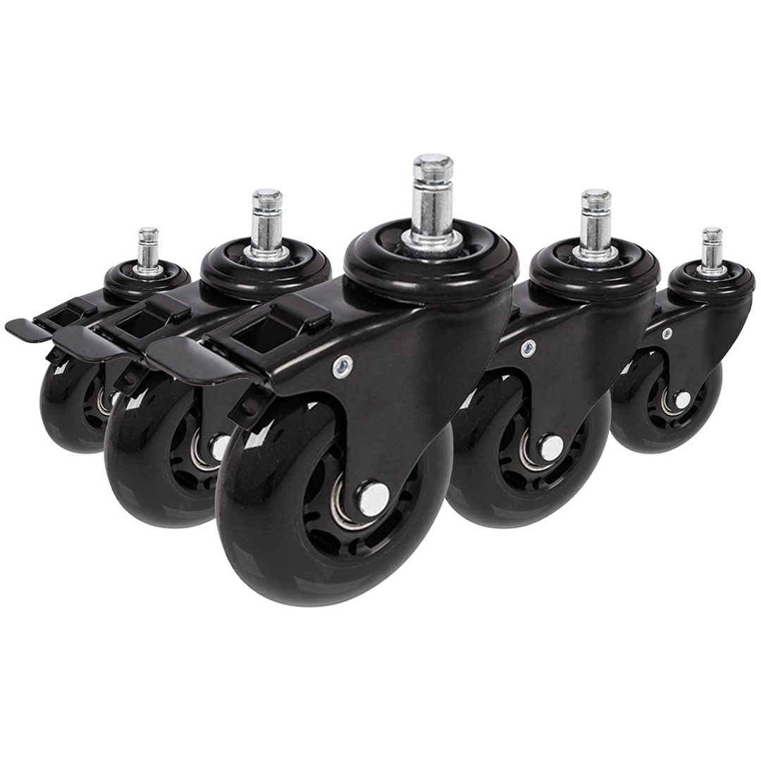 HJH 5x Hartbodenrollen ROLO SKATE 11mm 75 mm Büro-Stuhl-Rollen inkl. Bremse schwarz (5er Pack)