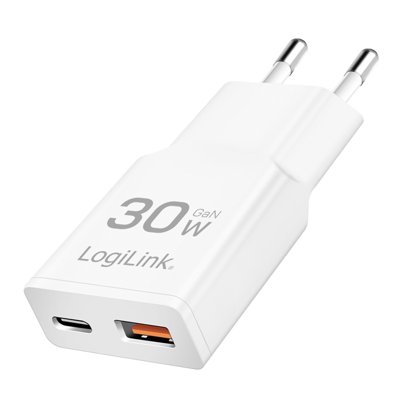 2direct Dual-USB-C Steckdosenadapter 30 W GaN extra schmal 1x USB-C (PD) 1x USB-A (QC) Weiß