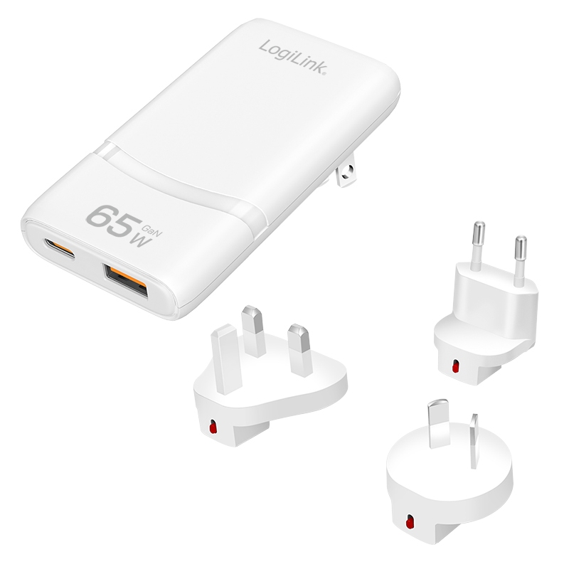 2direct Dual-USB GaN-Reiseladegerät 65 W extra schmal 1x USB-C (PD) 1x USB-A (QC) Weiß