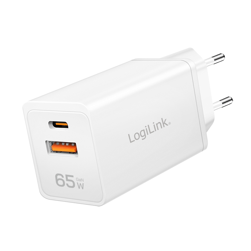2direct Dual-USB Steckdosenadapter 65 W GaN 1x USB-C (PD) 1x USB-A (QC) Weiß