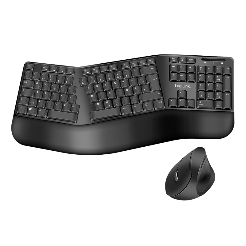 2direct Ergonomisches Funk-Tastatur-Maus-Set mit geteilter Tastatur schwarz