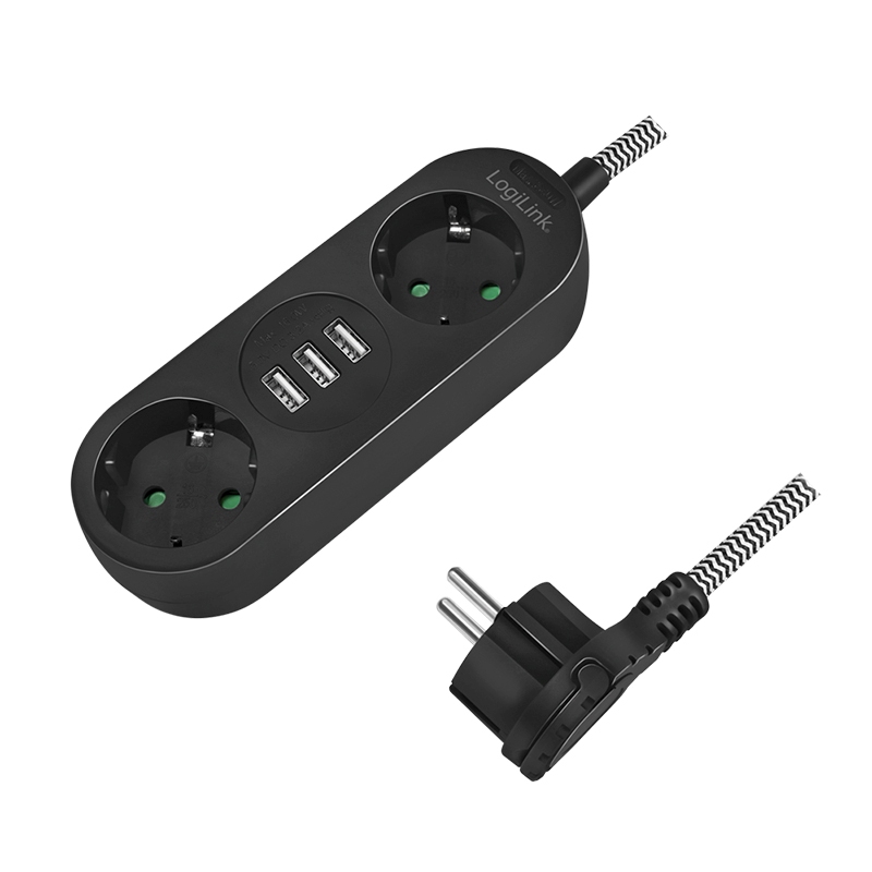 2direct Steckdosenleiste 2-fach 2x CEE 7/3 + 3x USB-A Textilkabel schwarz