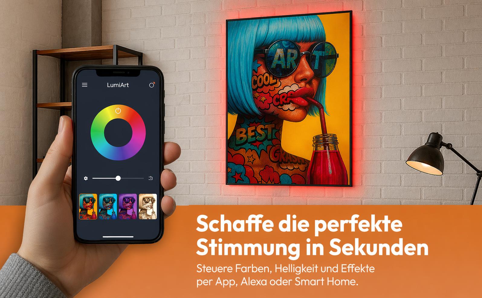 LED Wandbild als leuchtendes Kunstobjekt im Raum