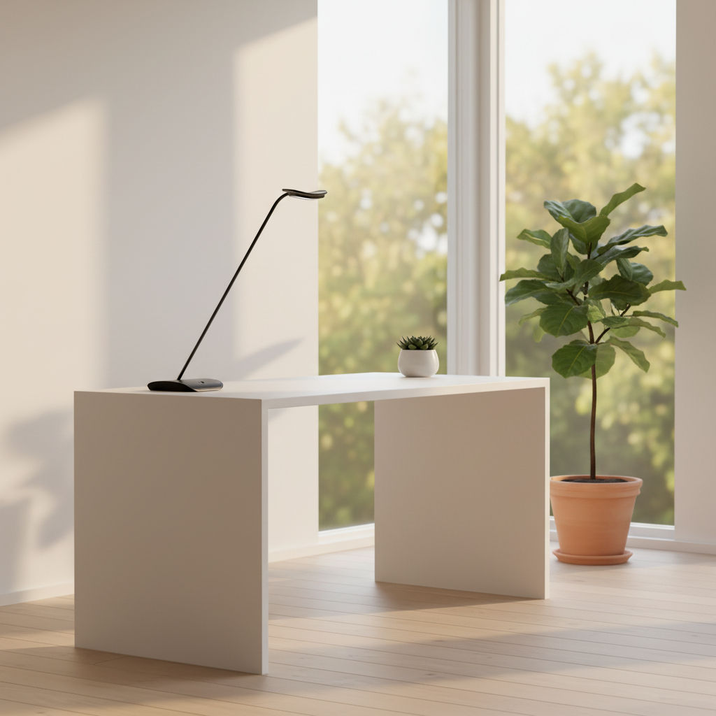 Detailansicht der flachen LED-Leuchteinheit und des stabilen Standfußes