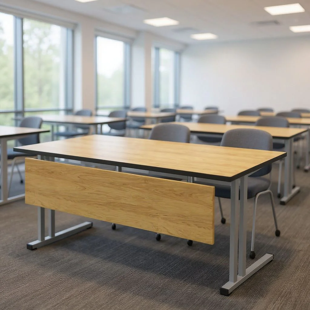 Schreibtisch E10 mit Stahltraverse C-Fuß mit Beinraumblende - NST-E10-ES-DESK-C-LEG-PNM