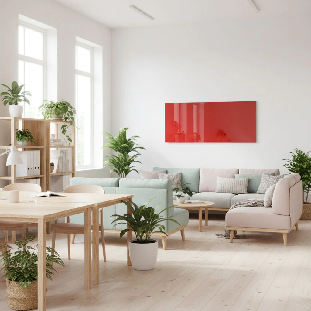 Artverum Glas-Whiteboard in Rot, rahmenloses Design für moderne Büros