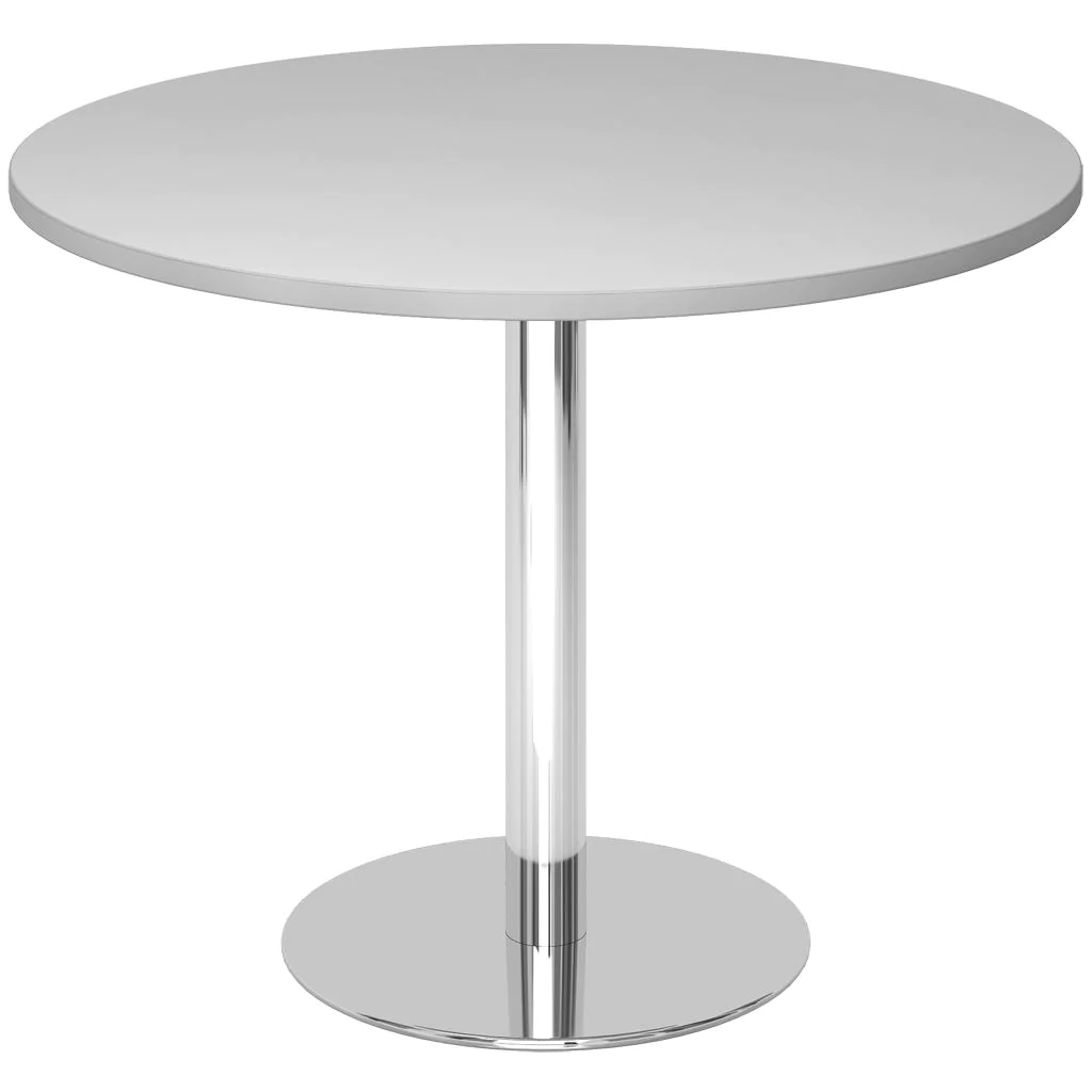 Detailansicht der Tischplatte und Chrom-Säule des Hammerbacher Säulentisches