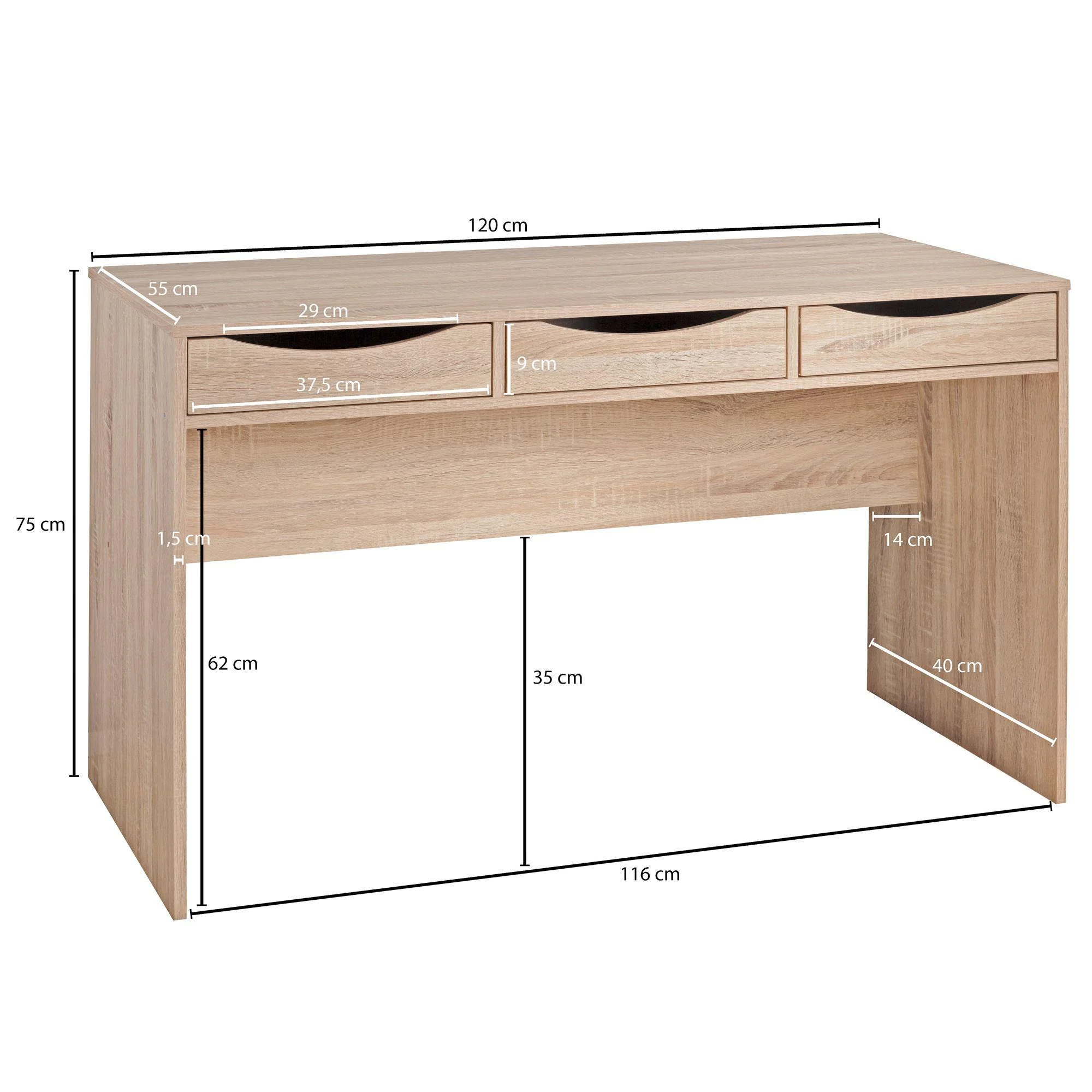 Schreibtisch Massa 120 x 55 cm mit Schubladen - Sonoma von Wohnling - Produktbild 4 von 6