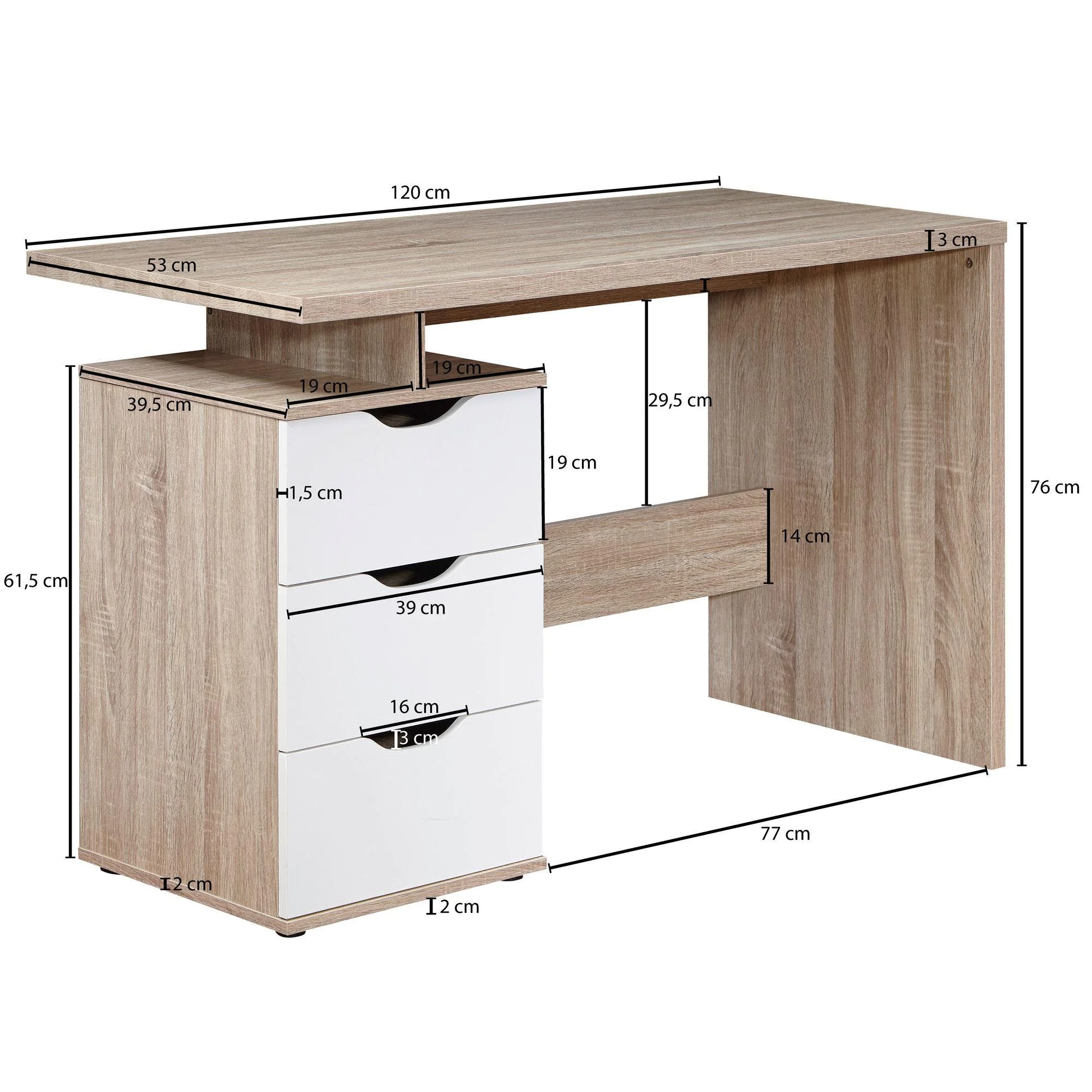 Schreibtisch Massa 120 x 53 cm mit Container - Sonoma von Wohnling - Produktbild 4 von 8