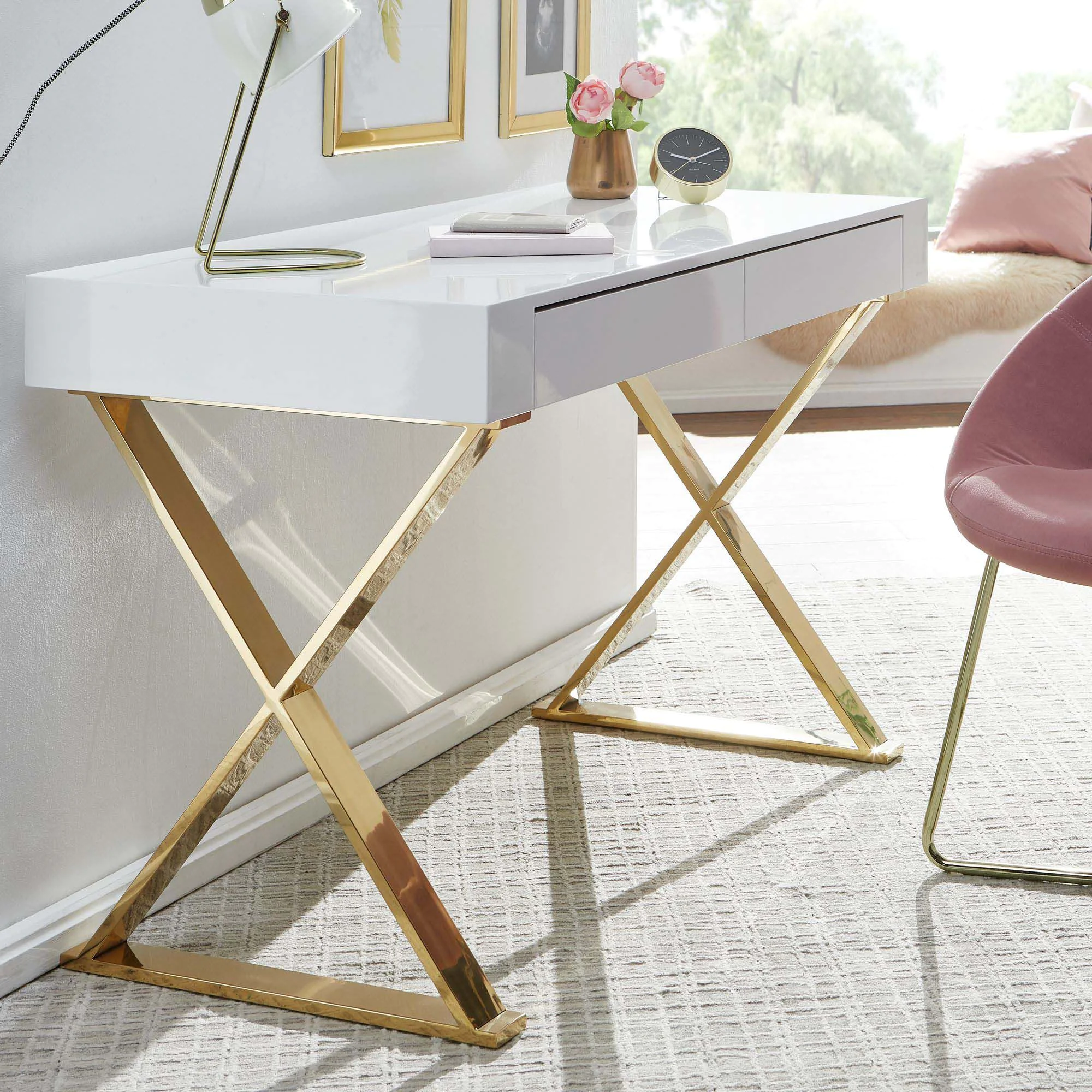 Schreibtisch mit Schubladen 118 x 76 cm - Weiß-Hochglanz/Gold von Wohnling - Produktbild 2 von 7