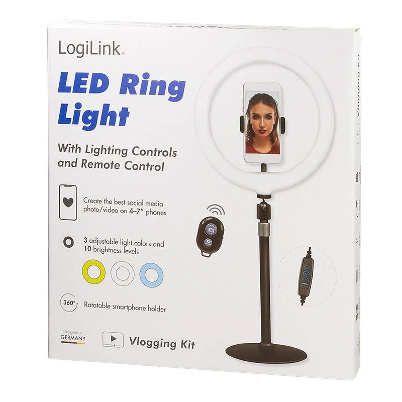 Smartphone-Ringlicht-Stativ mit Fernauslöser höhenverstell. Ø 25 cm von LogiLink - Produktbild 9 von 10