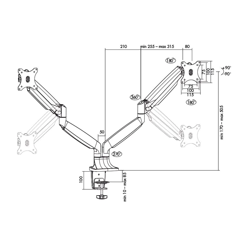 Monitorhalterung 2-fach 13–32" Aluminium Gasdruckfeder von LogiLink - Produktbild 2 von 6