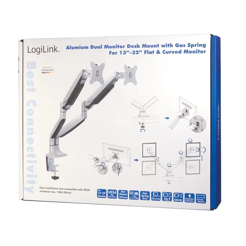 Monitorhalterung 2-fach 13–32" Aluminium Gasdruckfeder von LogiLink - Produktbild 5 von 6