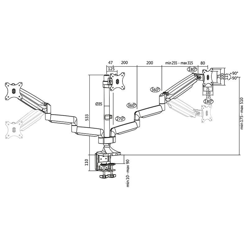 3-fach-Monitorhalterung 13–32" 7 kg je Arm neig- kipp-& drehbar Aluminium von LogiLink - Produktbild 6 von 8