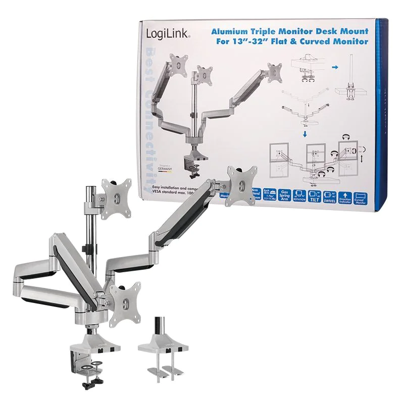 3-fach-Monitorhalterung 13–32" 7 kg je Arm neig- kipp-& drehbar Aluminium von LogiLink - Produktbild 8 von 8