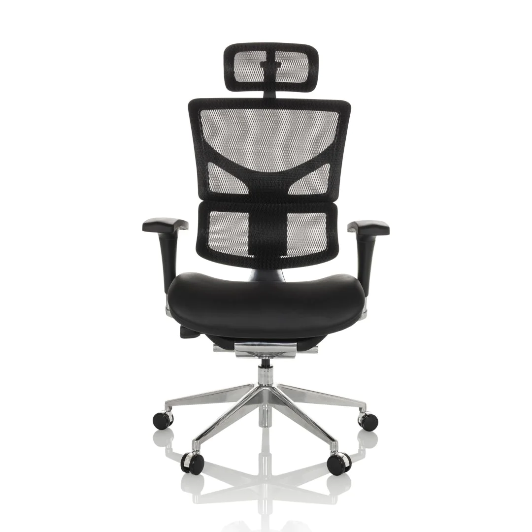 Bürostuhl Chefsessel ERGO-U2 LM Sitz Leder Rücken Netz schwarz - HJH-651102