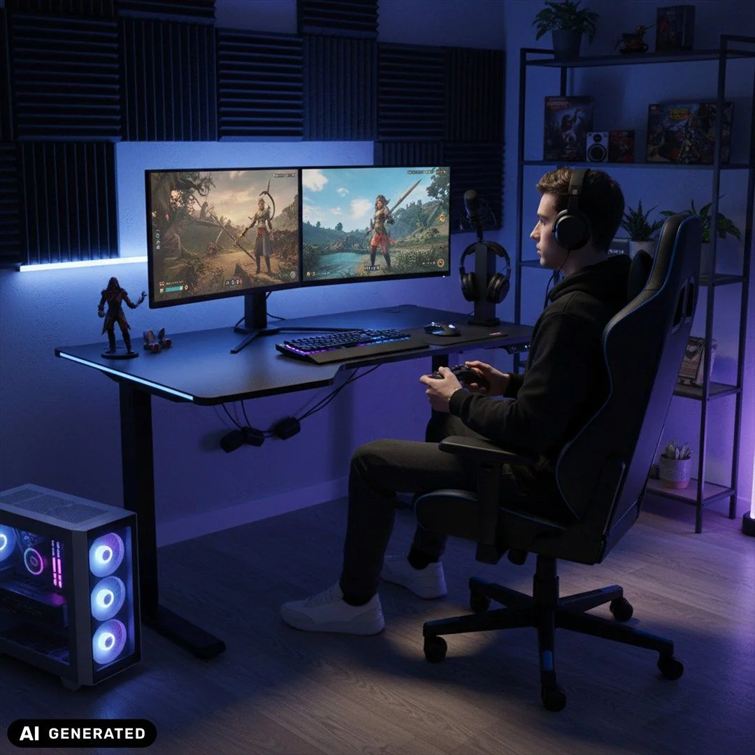Schreibtisch Worktime Game 140 x 100 LED elektrisch höhenverstellbar schwarz - HJH-800402
