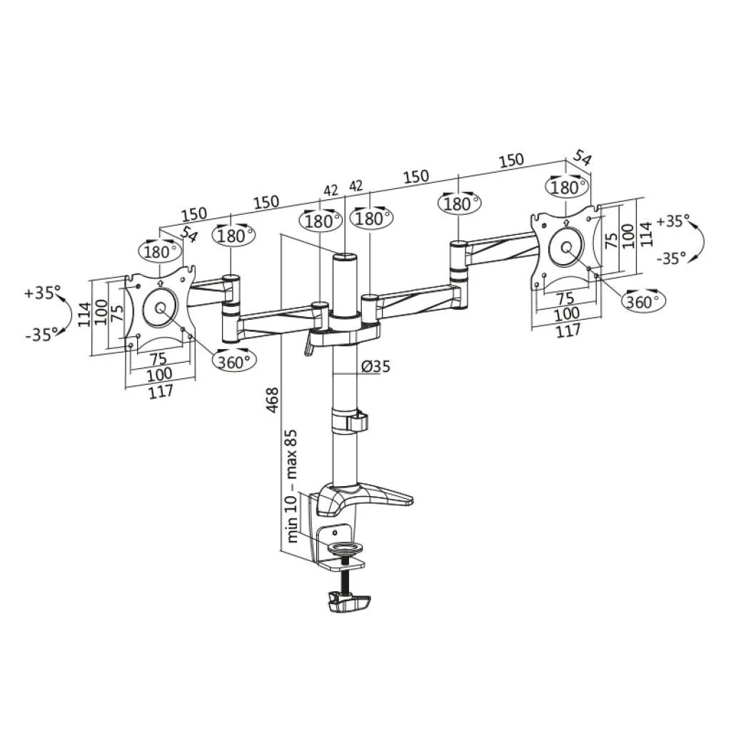 Monitorhalterung 2-fach 13–27" Aluminium Armlänge 342 mm von LogiLink - Produktbild 3 von 9