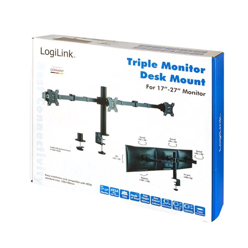 3-fach-Monitorhalterung 17–27" 7 kg je Arm max. Armläne 380 mm von LogiLink - Produktbild 6 von 13