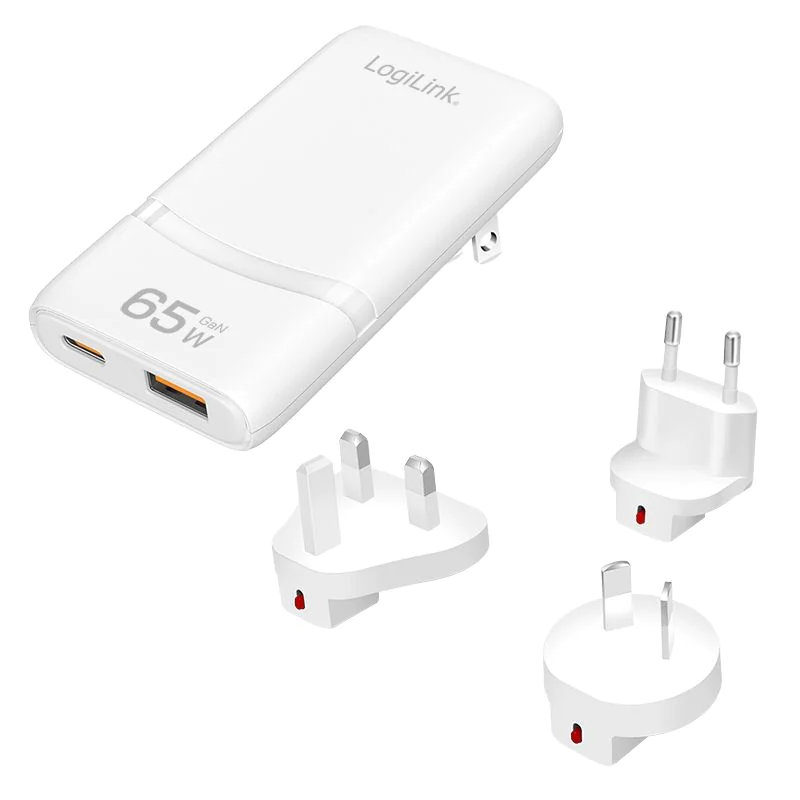 Dual-USB GaN-Reiseladegerät 65 W extra schmal 1x USB-C (PD) 1x USB-A (QC) Weiß - TDI-PA0376