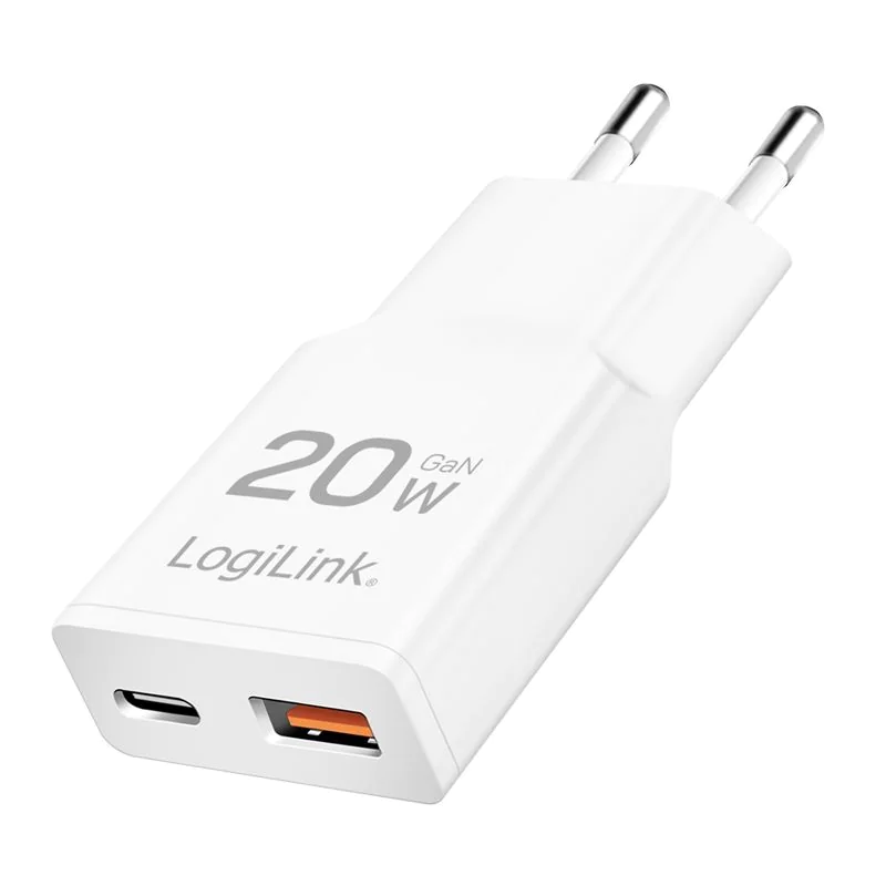 Dual-USB GaN-Steckdosenadapter 20 W extra schmal 1x USB-C (PD) 1x USB-A (QC) Weiß - TDI-PA0346