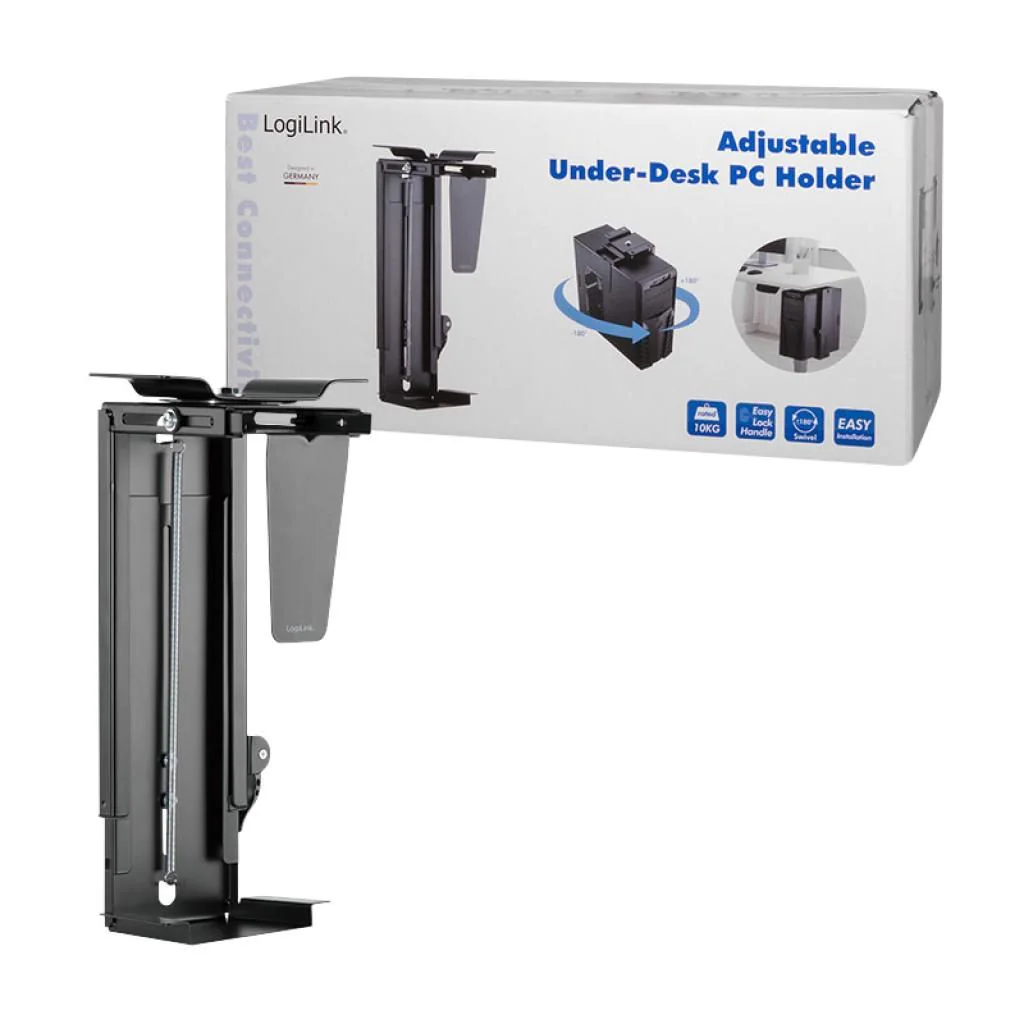 PC-Tower-Halterung bis 10 kg H 300–510 mm B 88–203 mm drehbar Untertischmontage Schwarz von LogiLink - Produktbild 10 von 19