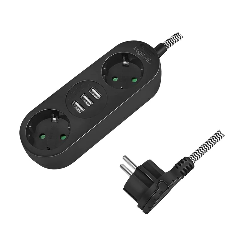 Steckdosenleiste 2-fach 2x CEE 7/3 + 3x USB-A Textilkabel schwarz - TDI-LPS262U