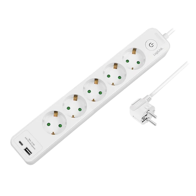 Steckdosenleiste 5-fach + Schalter 5x CEE 7/3 1x USB-A 1x USB-C 1,5 m weiß - TDI-LPS280U