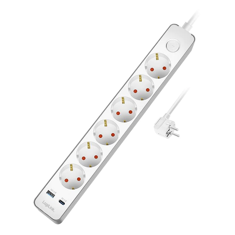 Steckdosenleiste 6-fach + Schalter 6x CEE 7/3 1x USB-A (18 W) 1x USB-C (20 W) 1,4 m Weiß - TDI-LPS288U