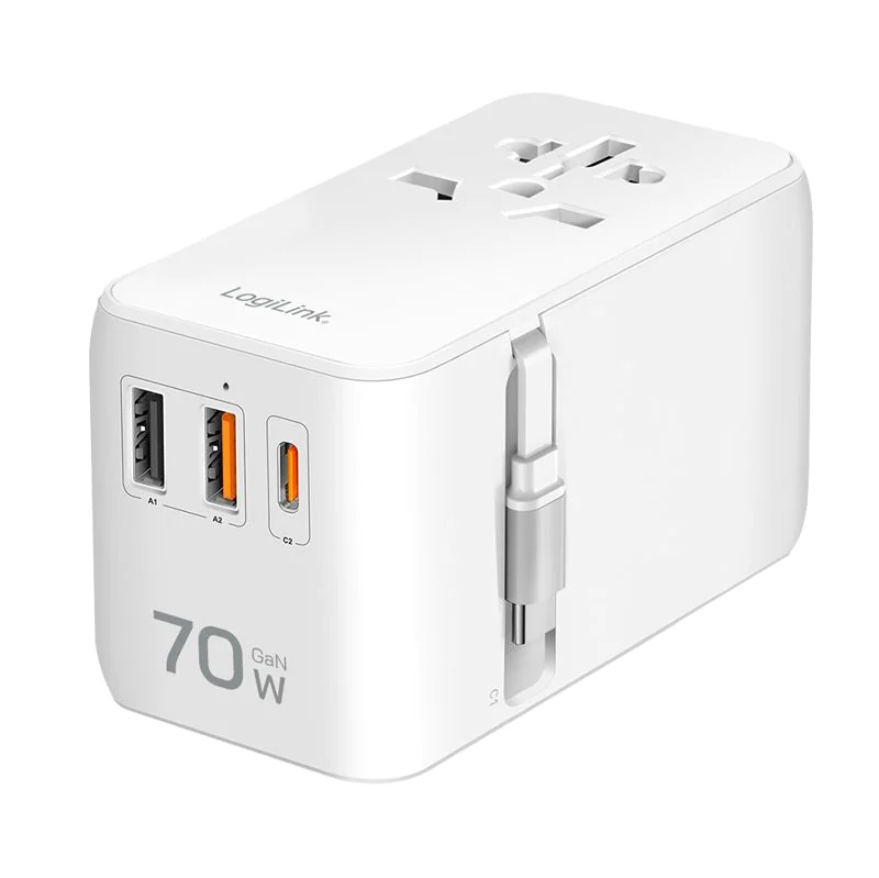 Universal-Reisenetzteil 70 W (PD) GaN 4x-Anschlüsse+Kabel Weiß - TDI-PA0357