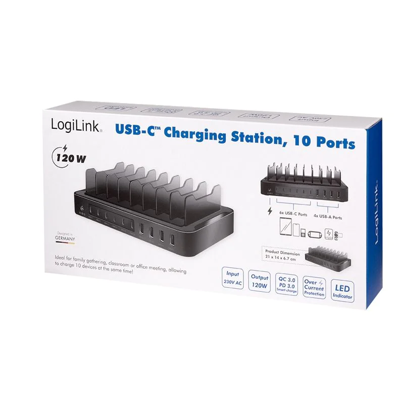 USB-C-Ladestation 4x USB-A & 6x USB-C PD & QC 3.0 120 W schwarz von LogiLink - Produktbild 8 von 9