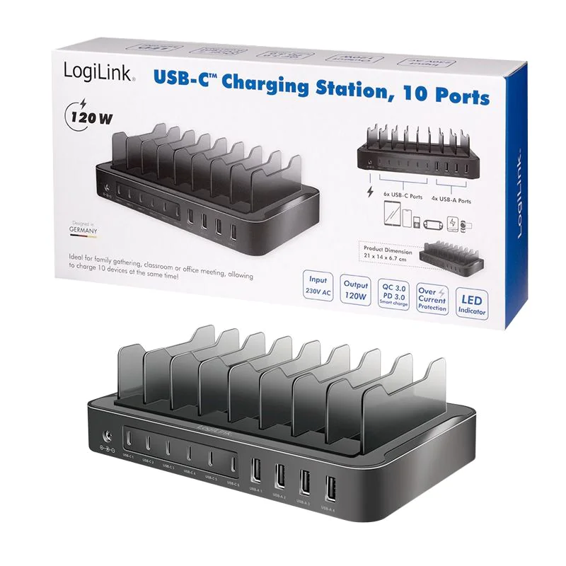USB-C-Ladestation 4x USB-A & 6x USB-C PD & QC 3.0 120 W schwarz von LogiLink - Produktbild 9 von 9