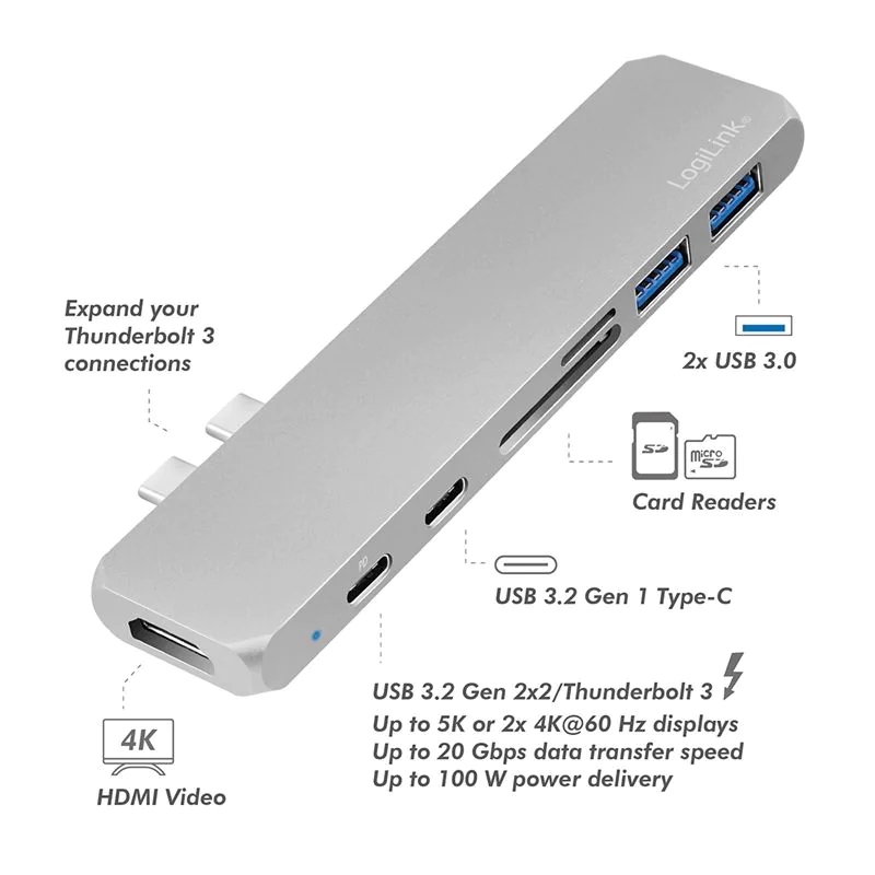 USB 3.2 Gen2x2 Dockingstation 7-Port PD silber von LogiLink - Produktbild 5 von 7