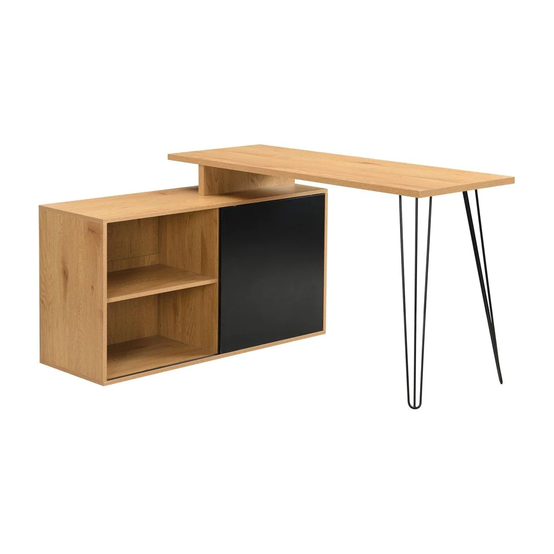 Eckschreibtisch MDF 130 cm L-Form mit Regal - Eiche-Dekor/Schwarz von Wohnling - Produktbild 1 von 6