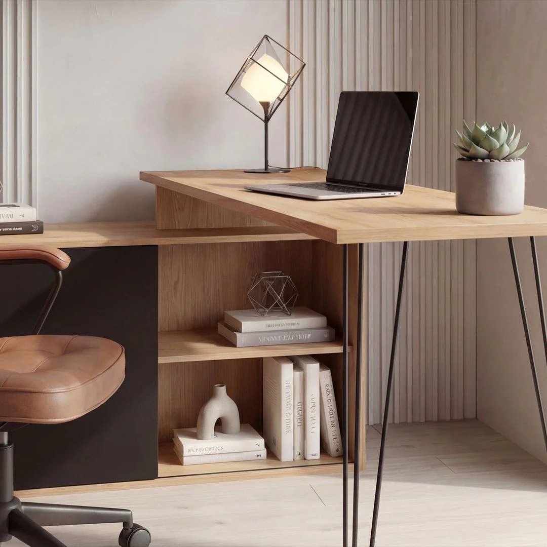 Eckschreibtisch MDF 130 cm L-Form mit Regal - Eiche-Dekor/Schwarz von Wohnling - Produktbild 5 von 6