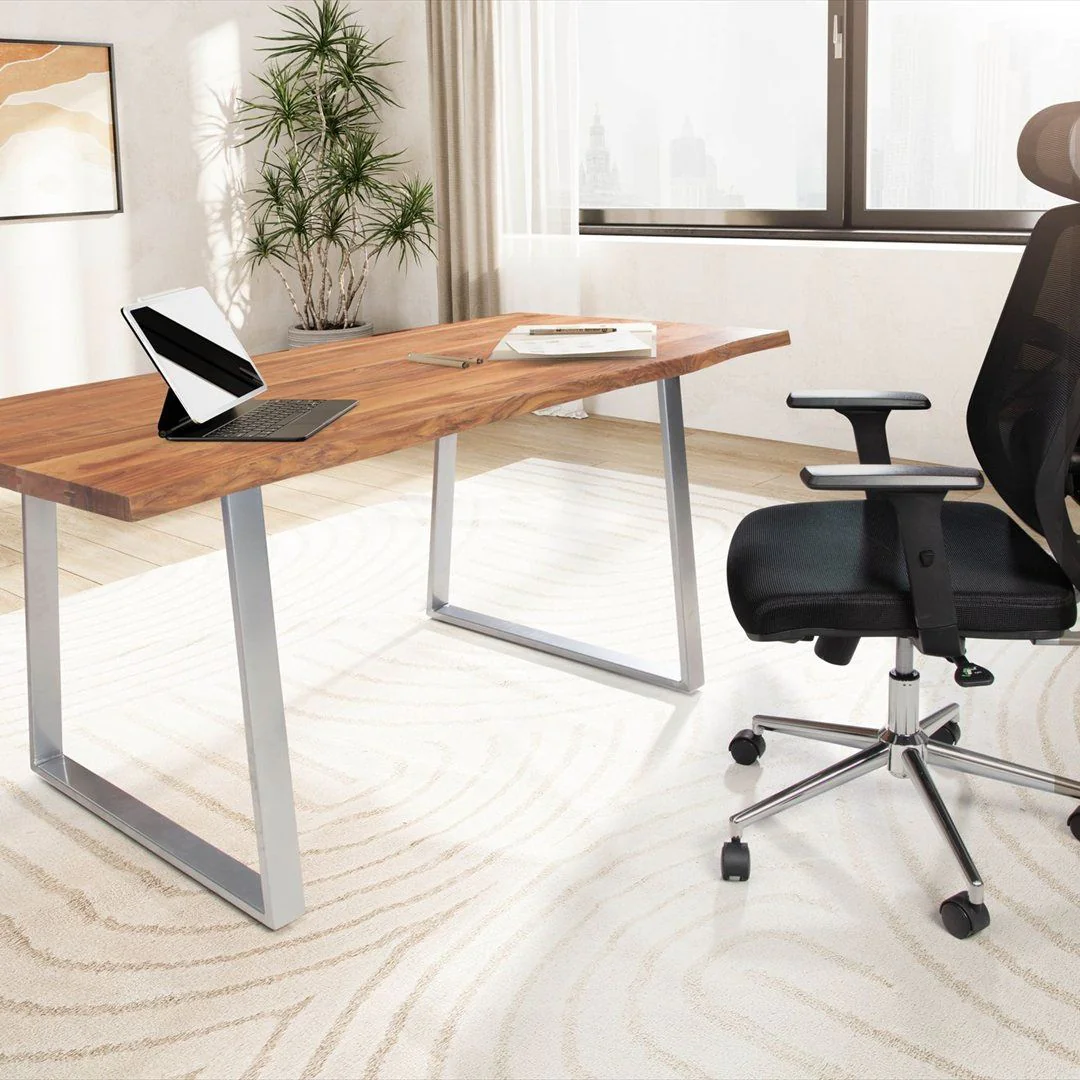 Schreibtisch Taiga Akazie Baumkante mit Trapezbeinen - Chrom - SKY-WL7-BK-TRAPEZ-CR