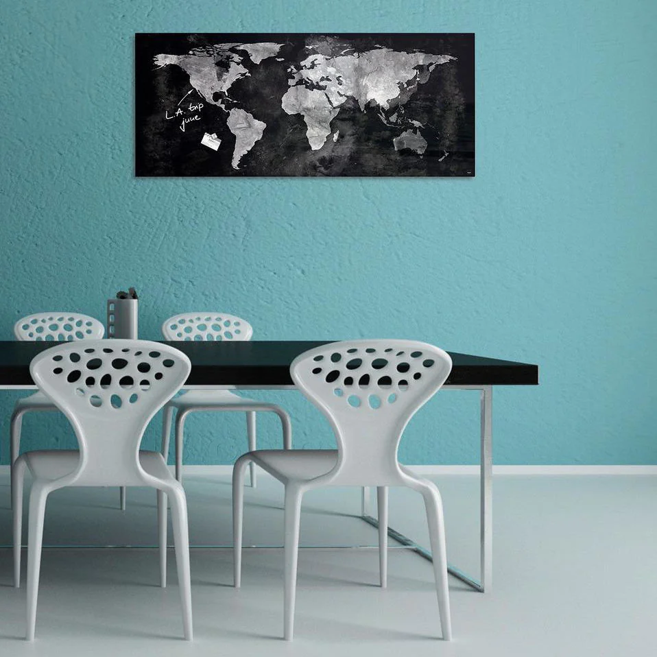 Großformatige Glas-Magnettafel Artverum World Map in Schwarz Hochglanz