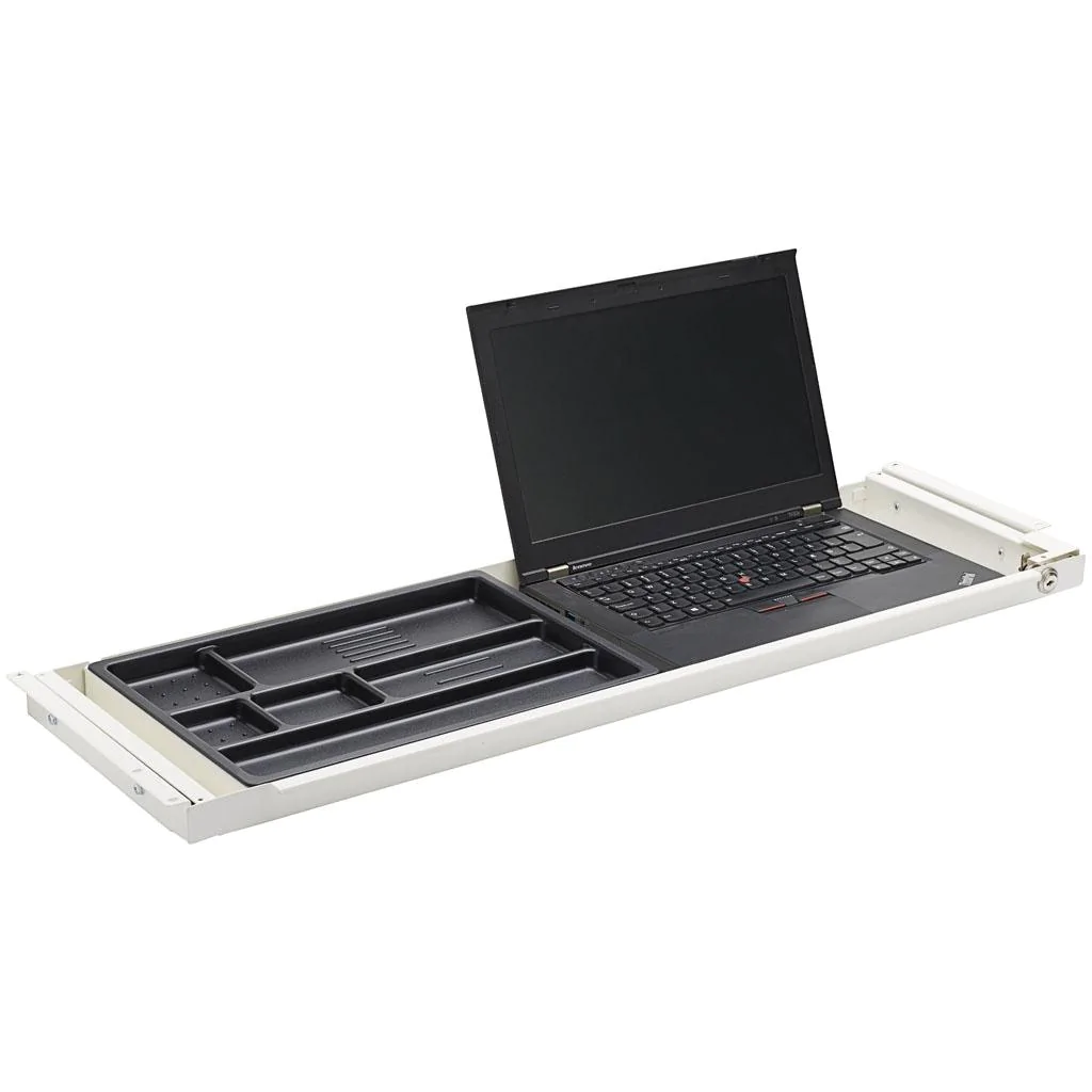 Detailansicht der Slimtray Schublade mit Kunststoffeinsatz und Griffleiste